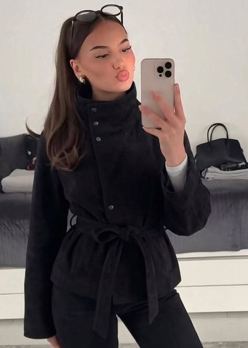 Black suede jacket with stand collar buttons and tied waist belt