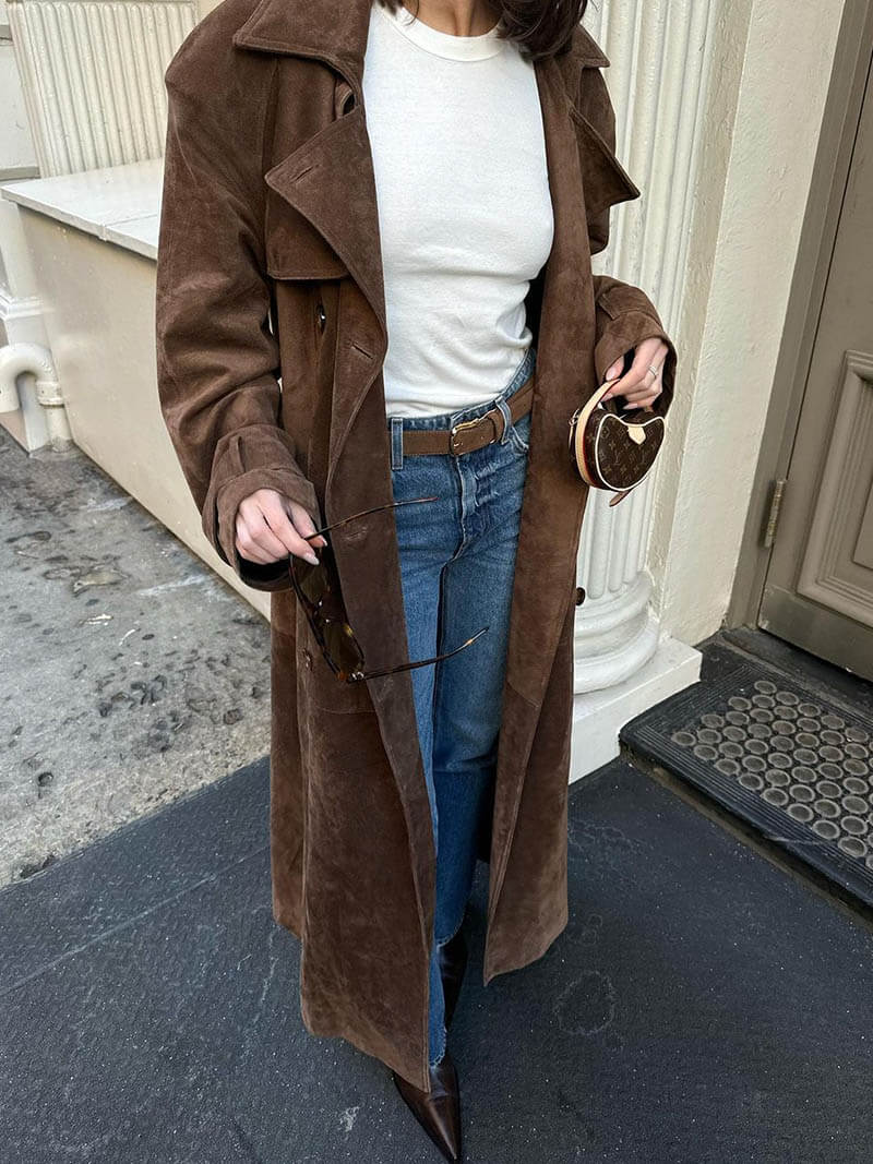 Women’s brown faux suede trench coat, belted mid-length with double-breasted buttons