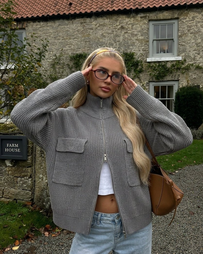 Grey funnel-neck zip-up knit sweater with two chest flap pockets