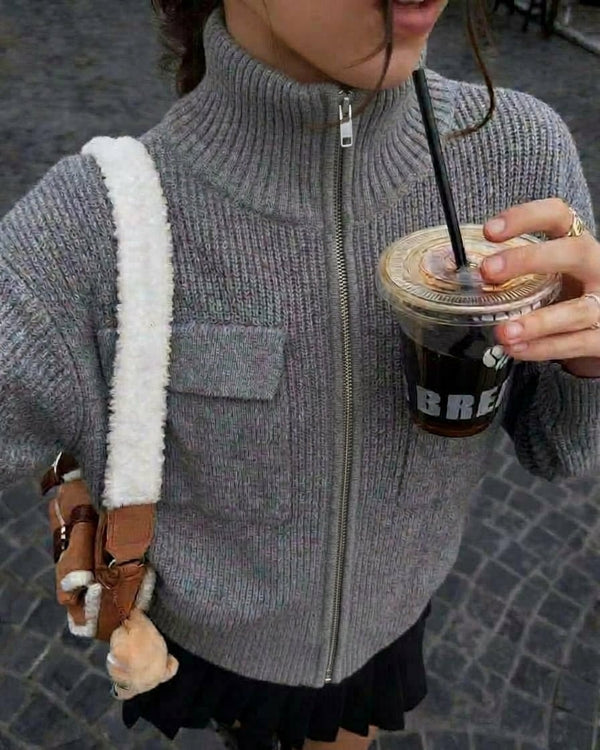 Quinn Funnel-Neck Zip-Up Knit Sweater