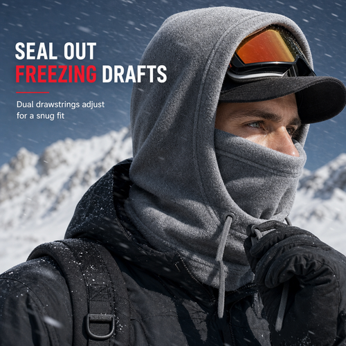 Gray fleece balaclava worn with ski goggles, covering the lower face and neck