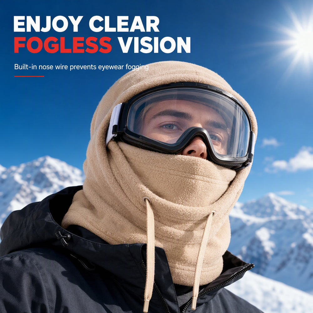 Beige fleece balaclava with adjustable drawstrings, worn with ski goggles