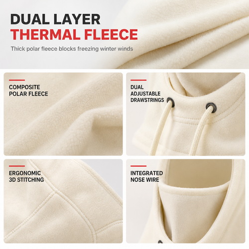Cream fleece balaclava details showing soft fabric, drawstrings, stitching, and nose panel