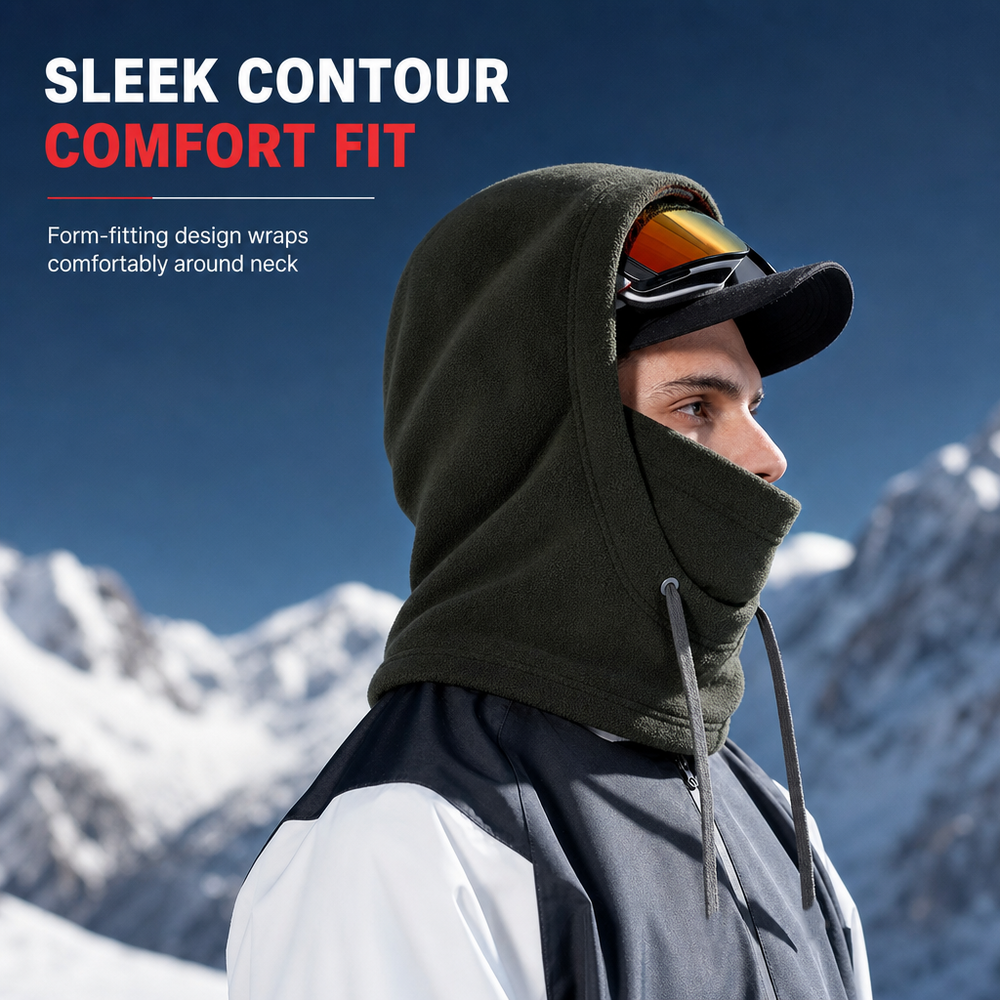 Dark green fleece balaclava with face cover and adjustable drawstrings