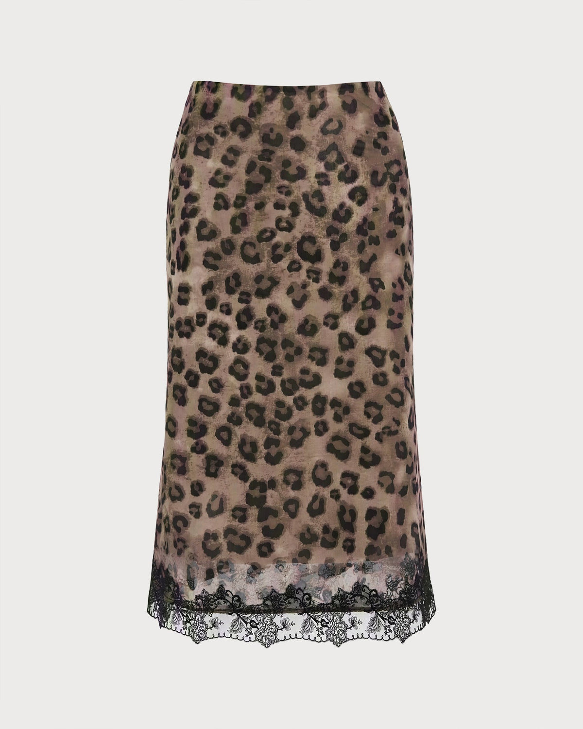 Brown leopard-print midi skirt with lace-trimmed bottom edge