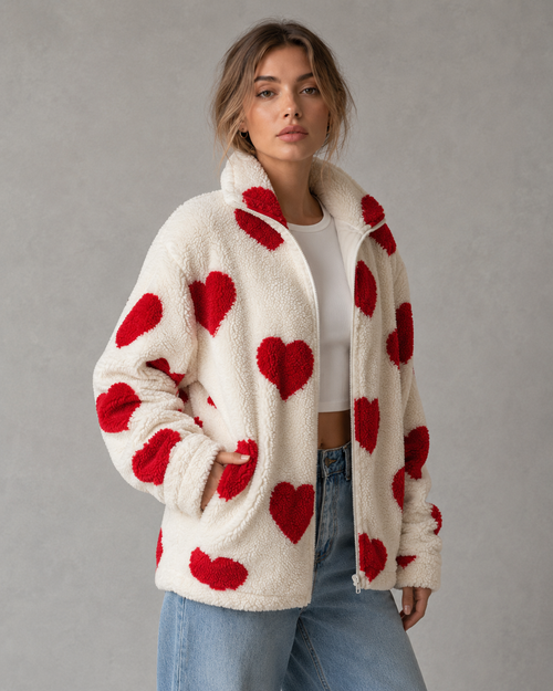 Cream teddy fleece jacket with red heart pattern, zip front, and stand collar