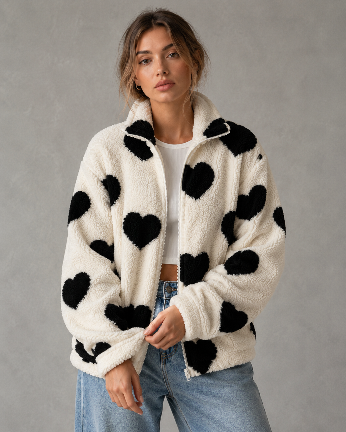 Élodie Heart Print Teddy Fleece Jacket