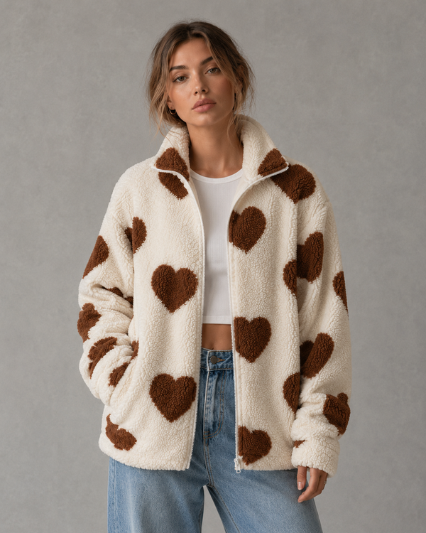 Élodie Heart Print Teddy Fleece Jacket